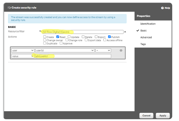 Qlik Sense Stream Yetkilendirme Ekranı